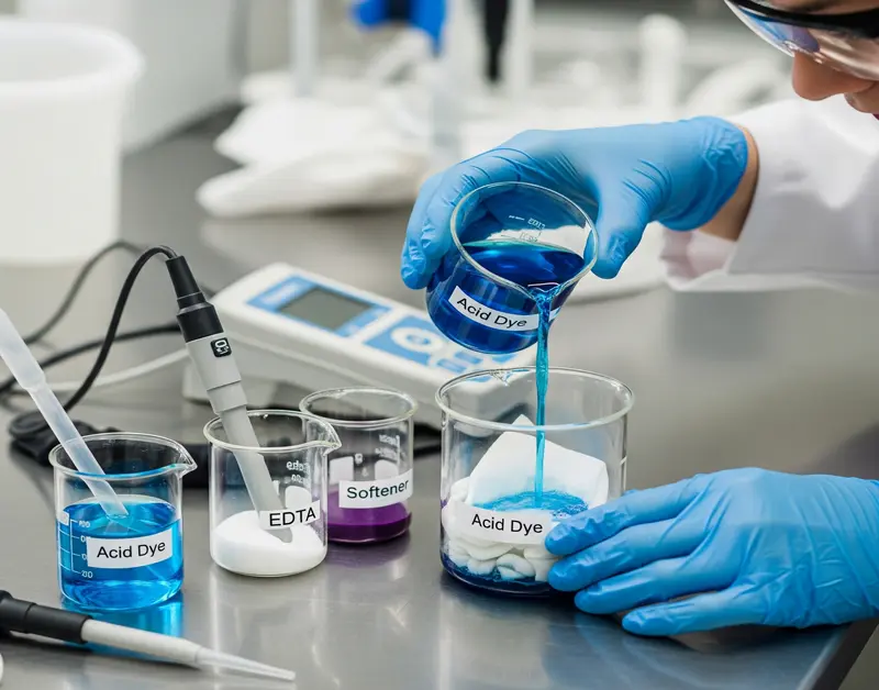 Technician handling labeled textile chemicals and fabric samples in a lab, wearing safety gear under soft lighting. - textile chemicals name 2