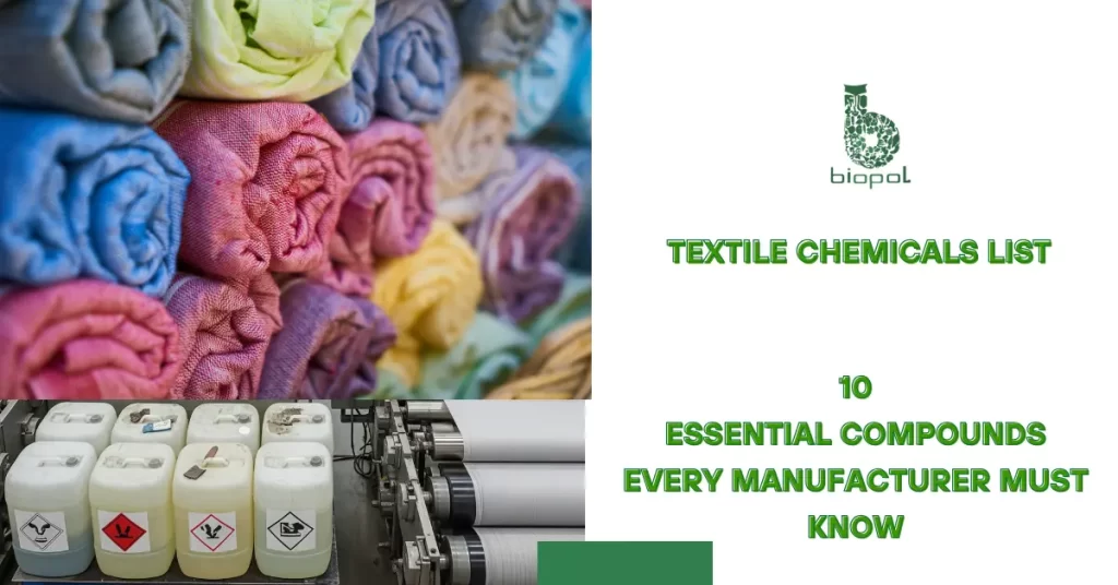 Colorful fabric rolls alongside labeled chemical containers and textile machinery in a well-lit manufacturing setup. - textile chemicals list 1