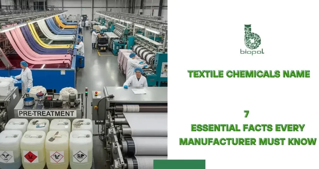 Wide-angle view of textile production floor showing pre-treatment, dyeing, and finishing stations, labeled chemical containers, moving fabrics, and workers in safety gear under bright lighting. - textile chemicals name 1
