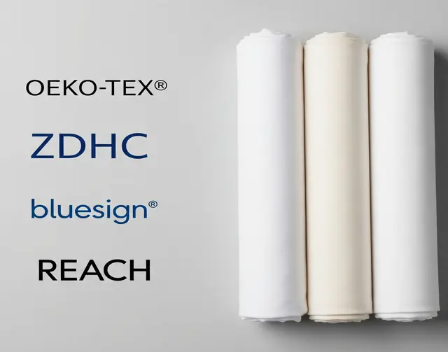 A clean, minimalist flat-lay of certification logos (OEKO-TEX®, ZDHC, Bluesign®, REACH) alongside folded, pristine fabric rolls. - New textile chemicals 2