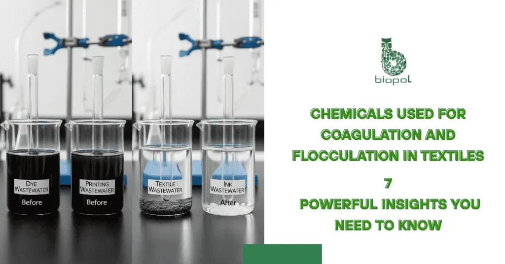 Beakers showing before-and-after treatment of dye, printing, textile, and ink wastewater using coagulation and flocculation chemicals. - Chemicals Used for Coagulation and Flocculation in Textiles 1