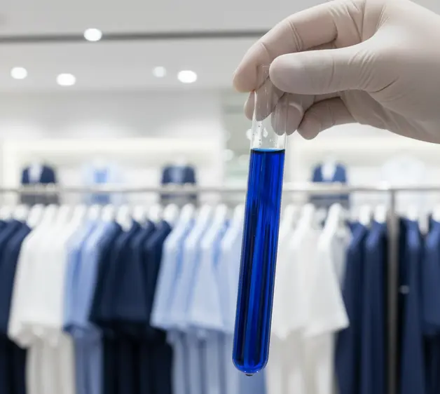 A gloved hand holds a test tube with dark blue liquid in the foreground, while a clothing store with blue, white, and grey garments is blurred in the background, illustrating scientific textile dye development and fabric innovation. - test method of all chemical used in textile 2