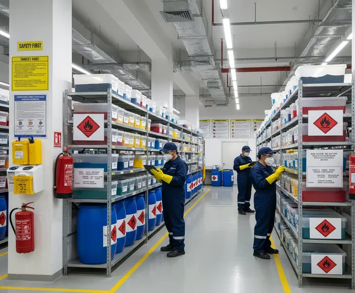 Textile chemical storage facility with labeled containers, safety signs, and workers in protective gear. - standard operating procedure for storing textile dye and chemicals  2