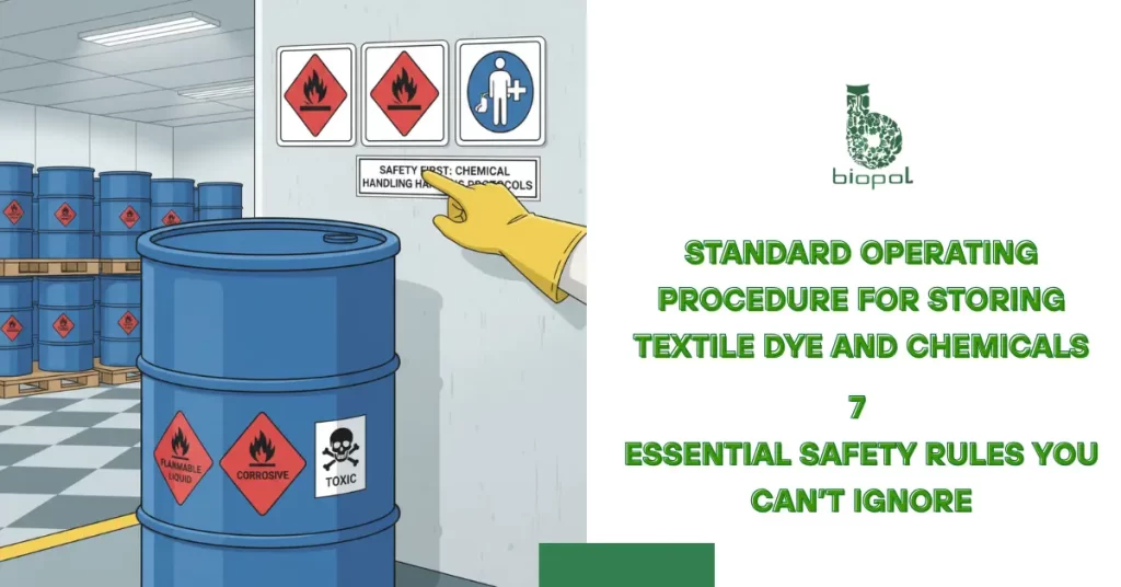 Blue chemical drum with hazard labels, gloved hand pointing to safety signs in an industrial storage area. - standard operating procedure for storing textile dye and chemicals 1