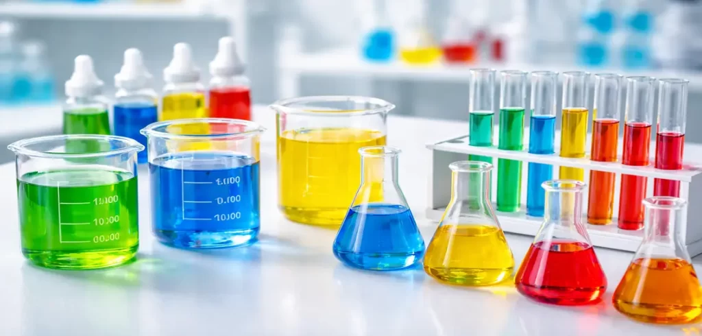 Organized lab bench with transparent glass containers holding vivid liquid dyes, neutral lighting, sharp focus, blurred clean background. - textile chemicals in India 2