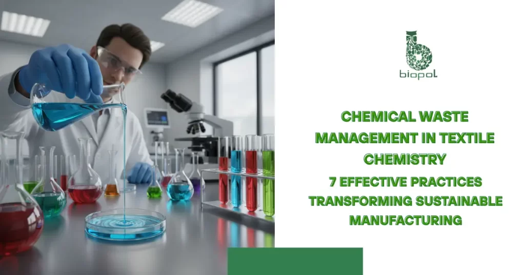 Scientist in a lab coat pouring blue chemical into a petri dish, surrounded by flasks, beakers, and a microscope. - Chemical waste management in textile chemistry 1