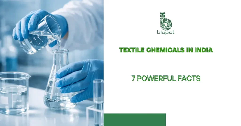 Close-up lab scene of gloved hands pouring clear liquid between glassware, blue tone, soft light, shallow focus, no faces. - textile chemicals in india 1