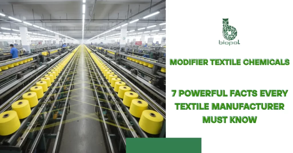 Rows of yellow thread spools on weaving machine in textile factory showing industrial precision and production process. -Modifier Textile Chemicals -1