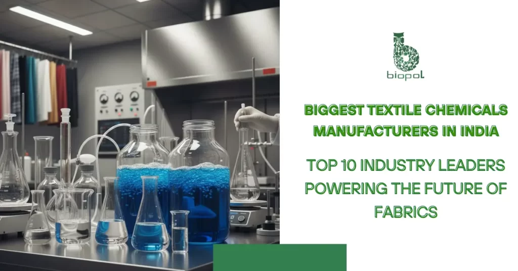 A close-up view of glass laboratory jars and flasks filled with clear and blue chemical solutions in a modern textile chemistry lab. -Biggest Textile Chemicals Manufacturers in India -1