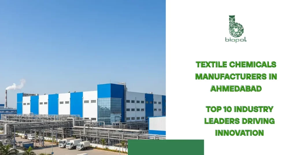 Industrial textile chemical plant in Ahmedabad, white-blue factory, pipelines outside, clear sky, greenery, parked vehicles. -Textile Chemicals Manufacturers in Ahmedabad. -1