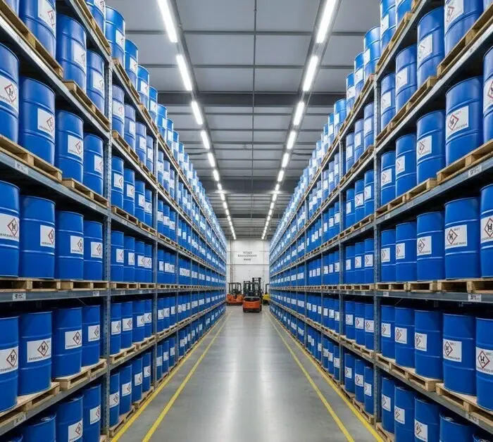 Industrial warehouse with blue chemical drums stacked on racks, showing organized textile chemical storage facility. -Textile Chemicals Suppliers in Bangladesh. -1