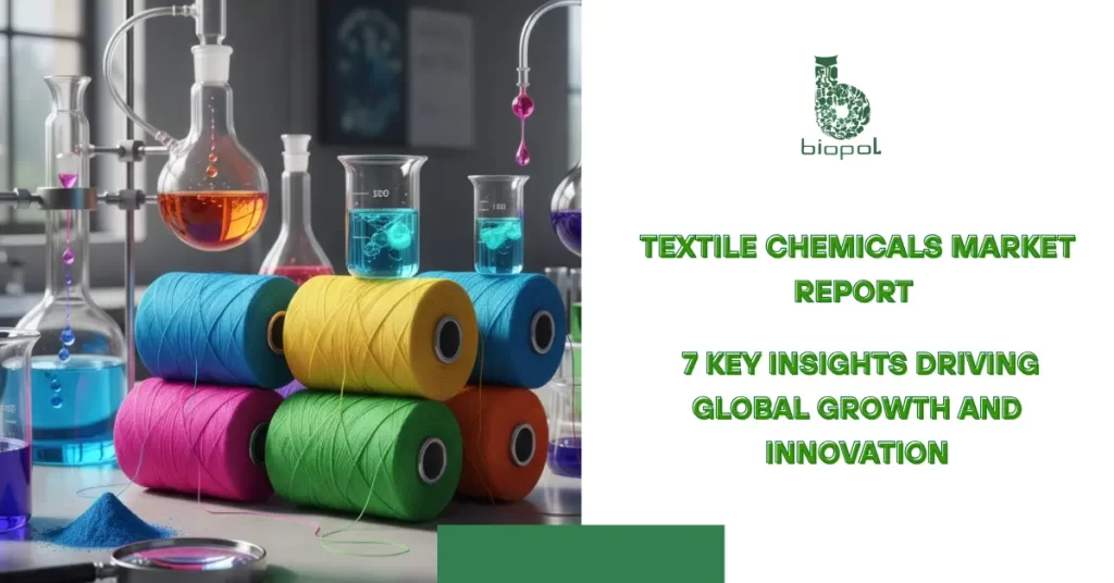 Colorful textile yarn spools with lab glassware and chemical beakers — symbolizing textile dyeing and chemical innovation. -Textile Chemicals Market Report. -1