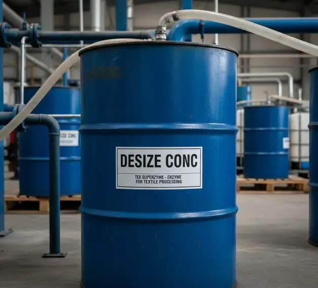 Blue industrial chemical drum labeled “DESIZE CONC.” containing Tex Superzyme enzyme used in textile processing. -Textile Chemicals Uses in Jodhpur. -1