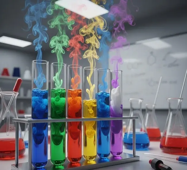 Vibrant chemical liquids in multiple test tubes with colorful reactions, illustrating textile chemical experiments. -Chemistry of Textile Chemicals and Auxiliaries. -2