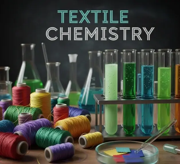 Spools of colorful textile threads next to green chemical solutions in test tubes, representing textile chemistry. -Chemistry of Textile Chemicals and Auxiliaries. -1