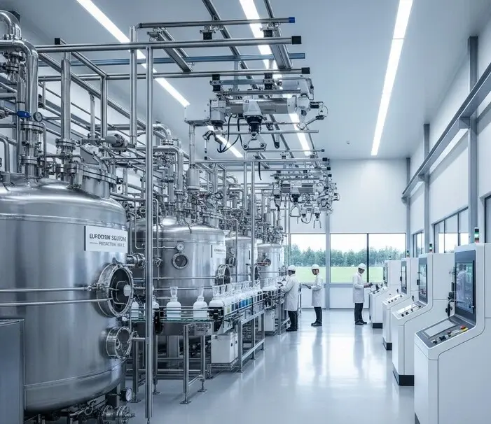 Modern European textile chemical manufacturing plant with stainless steel reactors, automated systems, and clean industrial setup. -Textile Chemicals Manufacturers in Europe. -1