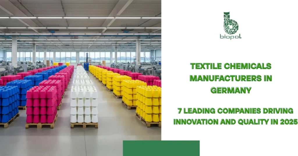Colorful yarn spools stacked on pallets in a German textile factory, neat rows of blue, pink, white, and yellow threads. -Textile Chemicals Manufacturers in Germany. -1