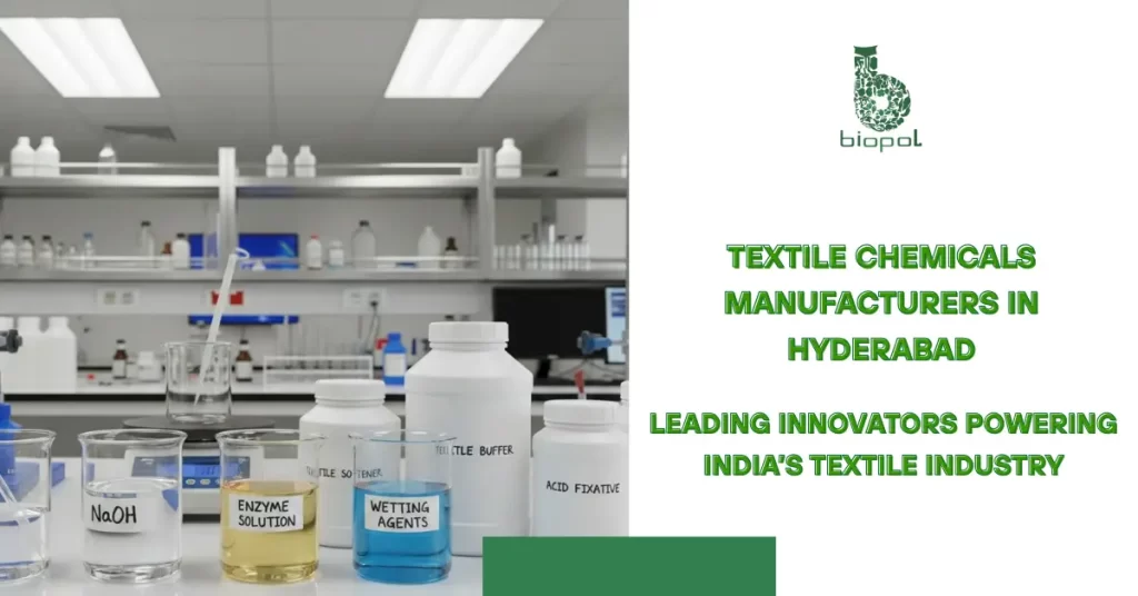 Textile chemistry lab setup with labeled beakers, NaOH, enzyme solution, wetting agents on white table, bright lighting, clean lab. -Textile Chemicals Manufacturers in Hyderabad. -1