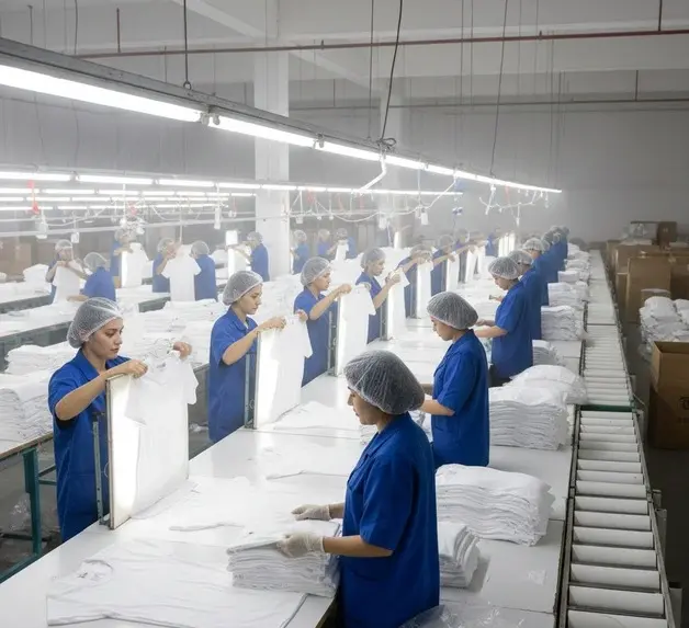 Workers in a textile factory inspecting and folding white garments under bright lights, showing garment quality control process. -Textile Chemicals Manufacturers in Indonesia. -1