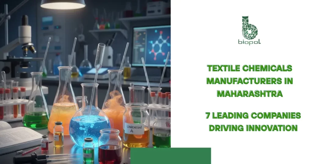 Laboratory glassware with chemicals and samples, clear flasks and jars on a lab bench, scientific research setting. -Textile Chemicals Manufacturers in Maharashtra. -1
