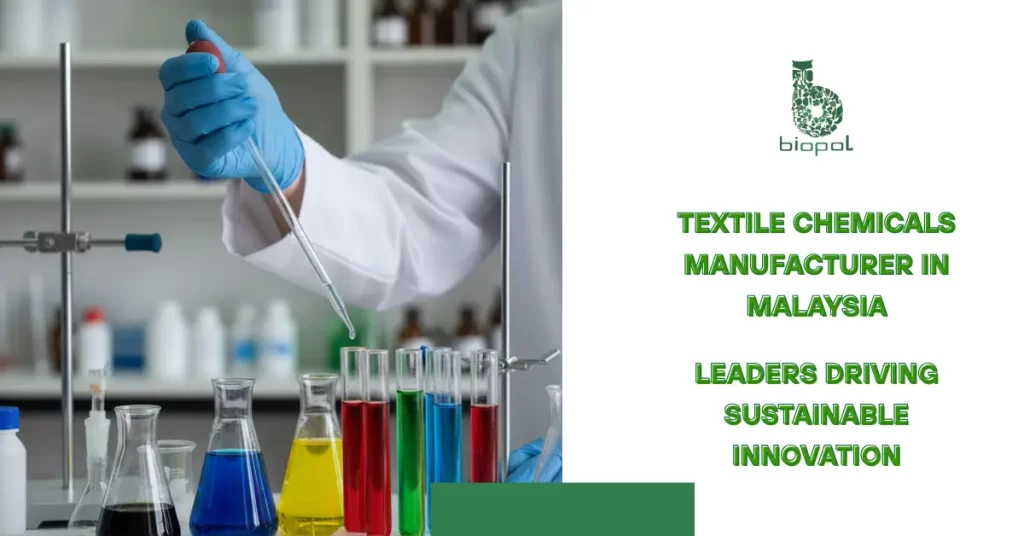 Scientist testing textile chemicals in laboratory, gloved hand holding pipette over colorful test tubes and beakers, research focus. -Textile Chemicals Manufacturer in Malaysia. -1