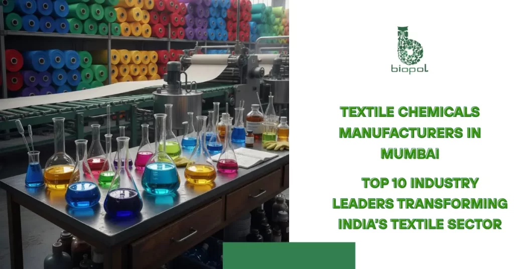 Colorful fabric rolls stacked with glass beakers of textile dyes and chemicals in front, showing fabric processing setup. -Textile Chemicals Manufacturers in Mumbai. -1