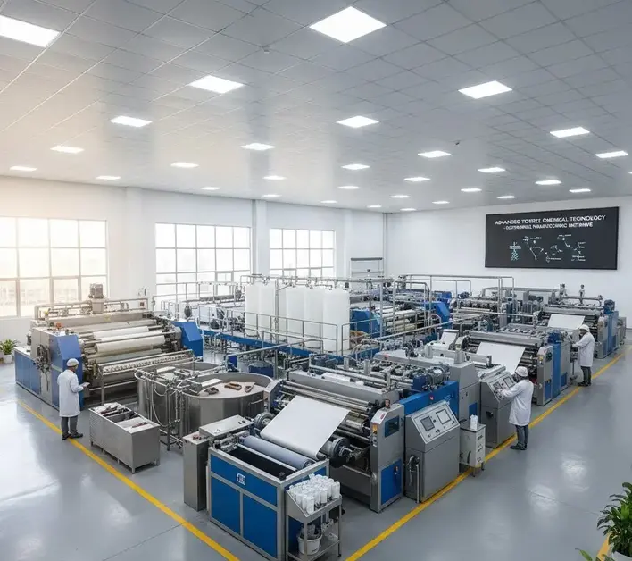 Modern textile chemicals plant in Pakistan with steel reactors, blue framework, and advanced dyeing chemical production setup. -Textile Chemicals Manufacturers in Pakistan. -1