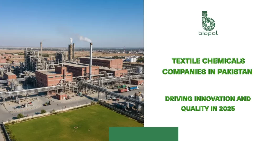 Aerial view of a large textile chemical factory in Pakistan with chimneys, pipelines, and a green lawn in front.