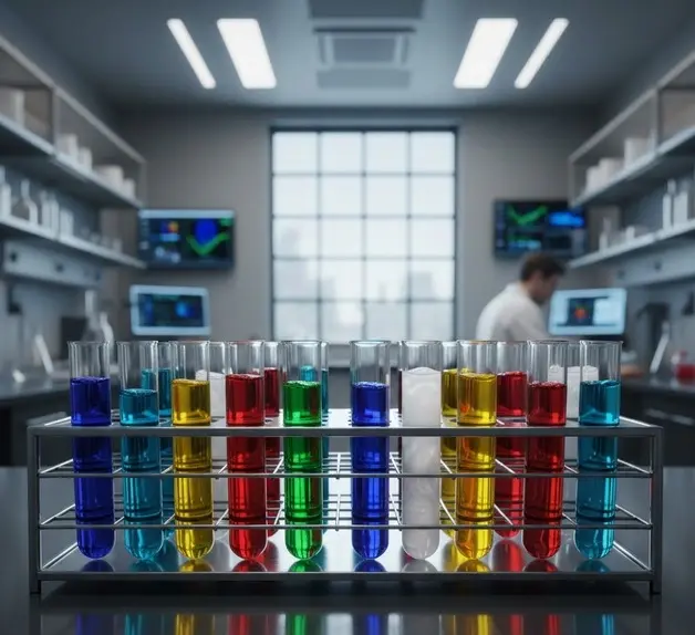 Close-up of glass test tubes filled with colorful textile chemical solutions arranged neatly in a bright modern lab. -Textile Chemicals Companies in Pakistan -2