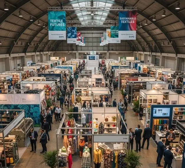 A vibrant textile fair hall with booths, colorful fabrics, and visitors exploring innovations in textile chemicals. -Textile Chemicals Fair. -1