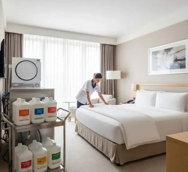 Hotel laundry setup with cleaning chemicals and housekeeper arranging fresh white linens in a bright, clean room. -Textile Chemicals Hospitality. -1