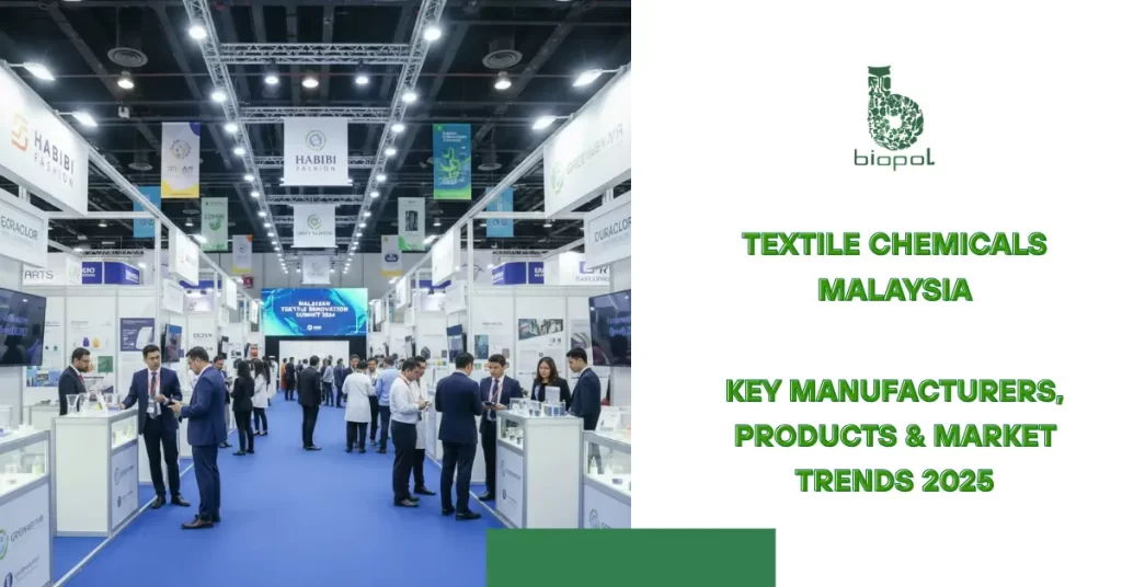 Modern textile chemicals trade fair in Malaysia, bright booths, blue carpet, professionals discussing innovations. -Textile Chemicals Malaysia. -1