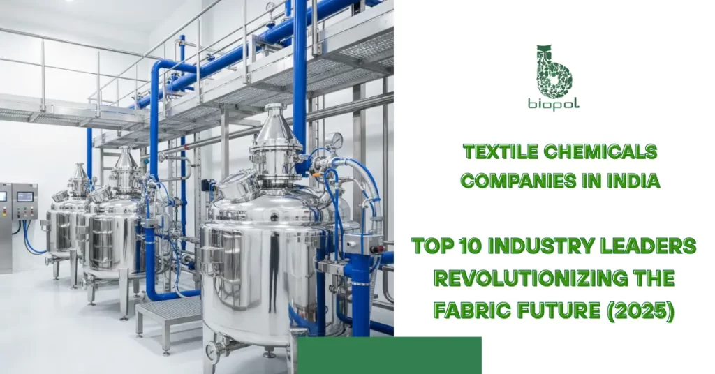 Modern textile chemical plant with stainless steel reactors, clean lab setup, blue pipes, and precision equipment. -Textile Chemicals Companies in India -1
