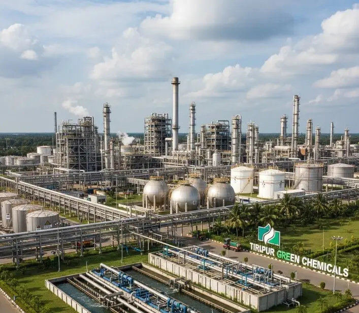 Industrial textile chemical plant in Tirupur with tanks, pipelines, water treatment units, greenery, and cloudy sky, high-res view. -Textile Chemicals at Tirupur. -1
