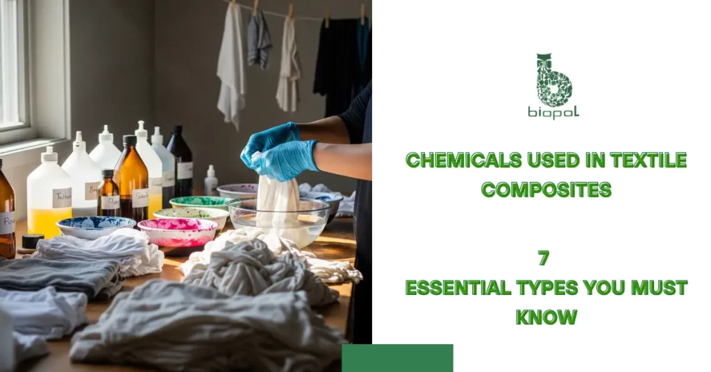 Person wearing gloves working with fabrics on a table, surrounded by textile chemicals, colored bottles, and water containers during fabric treatment. - chemicals used in textile composites 1