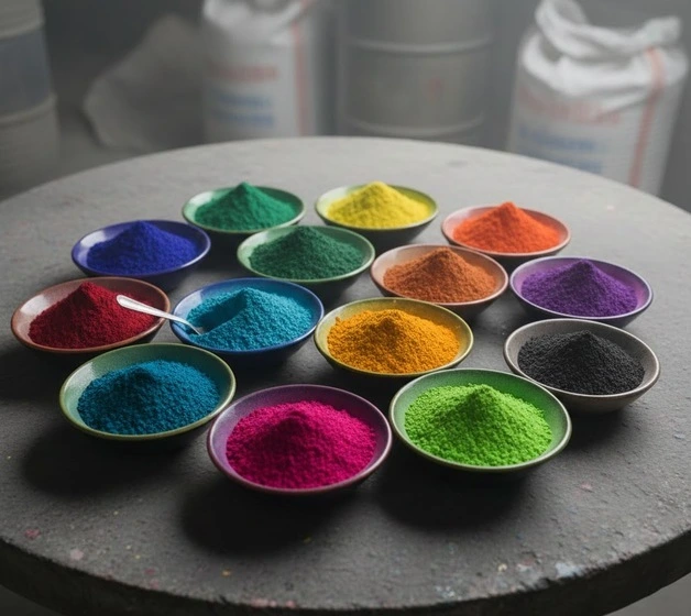 Vibrant textile dye powders in assorted colors arranged in circular dishes, representing industrial dye pigments. -Leading Textile Dyes Chemical Manufacturer. -1
