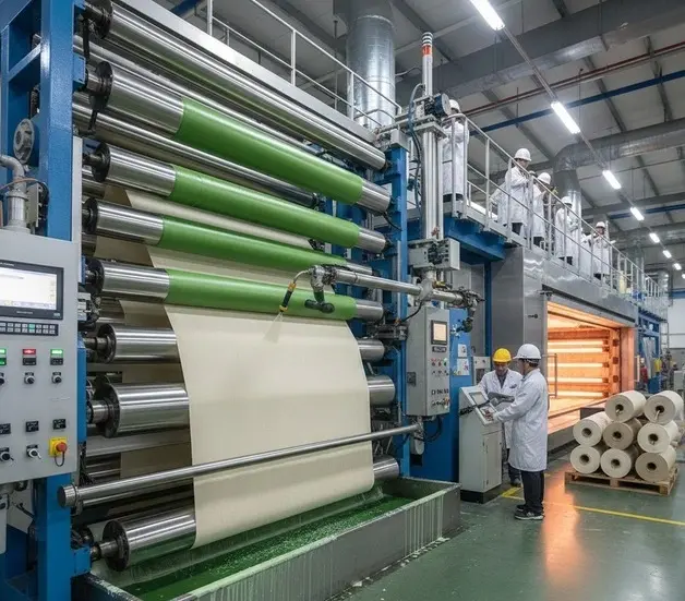 Industrial textile roller coating machine applying chemical finish on fabric rolls in a modern textile manufacturing plant. -Natural Textiles Chemical Company. -1