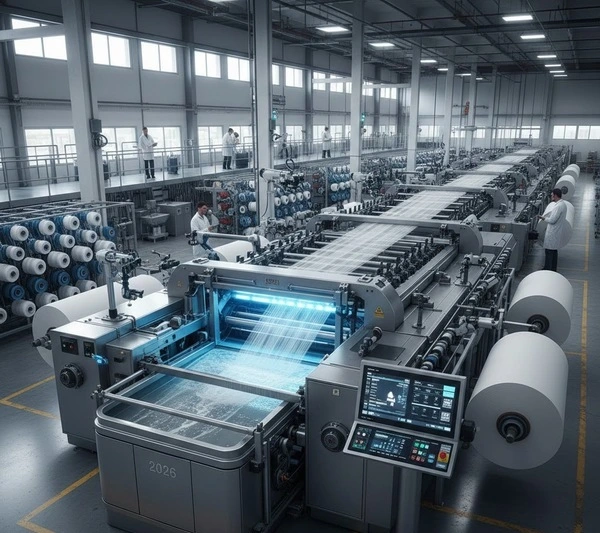 Modern textile sizing machine applying chemical coating on yarns before weaving in an advanced industrial setup. -Textile Sizing Chemicals Manufacturers. -1