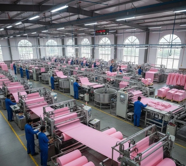 A textile factory floor showing workers operating industrial machines processing bright pink fabric in a modern setup. -Textile Speciality Chemicals Manufacturers. -1