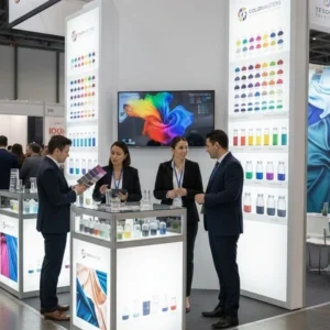 Professionals interacting at a textile dye and chemical exhibition booth displaying pigments and industrial solutions. -Asia International Dye Industry Pigments and Textile Chemicals Exhibition. -1