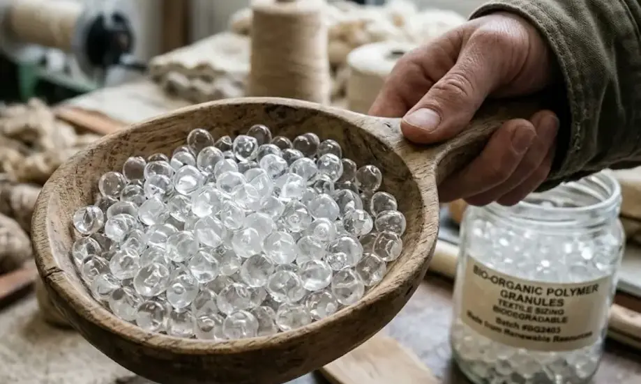 Close-up of transparent polymer granules or resin beads used in manufacturing bio organic sizing chemicals for textiles. -Bio Organic Sizing Chemicals for Textiles. -1