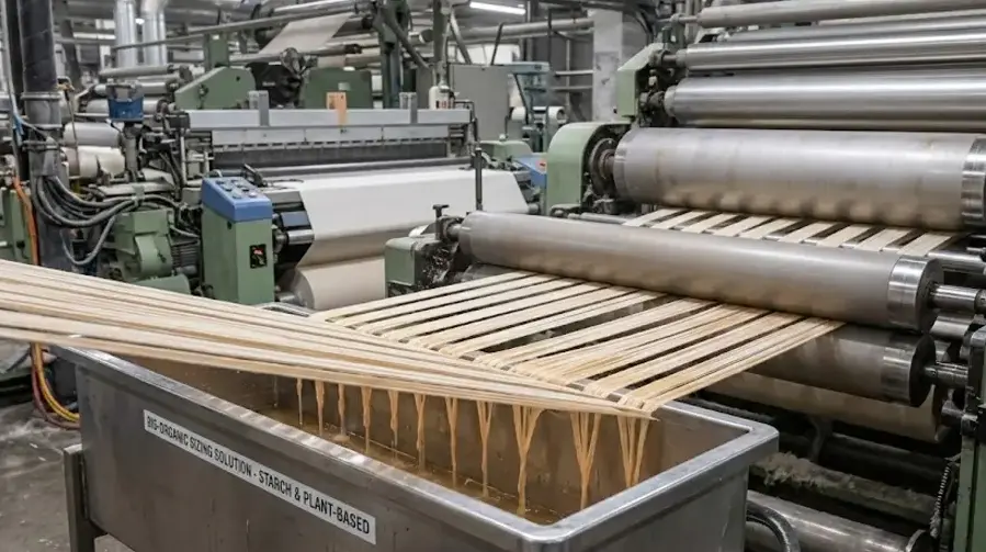 Close-up of modern textile sizing machine with warp yarns coated in bio organic sizing solution, industrial weaving setup. -Bio Organic Sizing Chemicals for Textiles and for Weave. -1