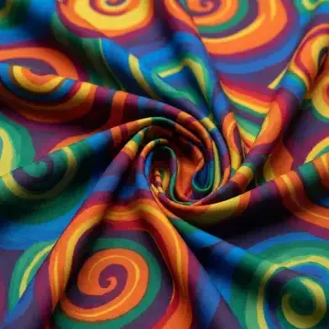 Close-up of colorful printed fabric with swirling folds, showcasing vibrant textile patterns and smooth finishing texture. -Chemical Composition of Textile Binder Softener. -1