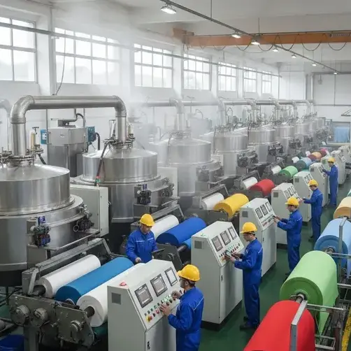 Workers monitoring industrial dyeing machines during textile wet processing in a factory setting. -Chemicals Used in Textile Wet Processing. -1