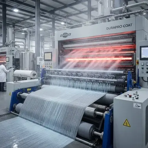 Textile finishing machine applying liquid chemical coatings for enhanced durability and surface performance in industrial fabrics. -Chemicals Used in Textile Finishing. -1