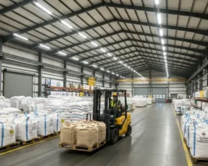 Industrial warehouse storing bulk commodity chemicals in heavy sacks, forklift transporting raw materials for textile production. -Commodity Chemicals in Textiles. -1
