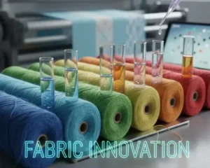Colorful textile yarn rolls with laboratory test tubes containing liquid textile chemicals, symbolizing fabric innovation. -Conductive Chemicals for Textile Industry. -1