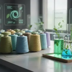 Eco-friendly textile innovation concept showing colorful fabric spools beside green chemical test tubes for sustainable processing. -Eco Friendly Chemicals in Textiles. -1