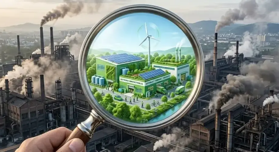 Eco-friendly manufacturing concept showing magnifying glass highlighting a green, sustainable factory among traditional ones. -Eco Friendly Textile Chemical Process. -1