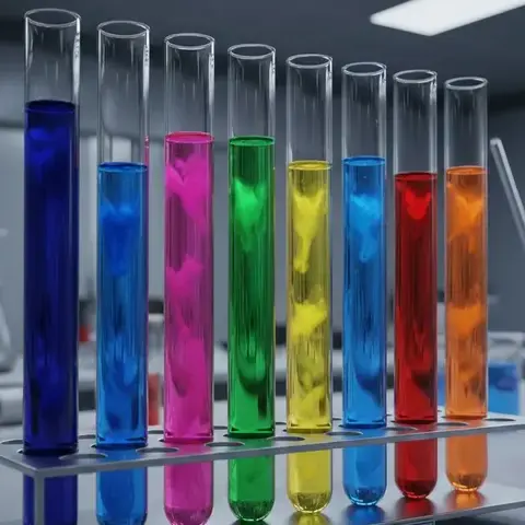 Colorful fine chemicals in glass test tubes under lab lighting, representing textile dyeing and finishing innovation. -Fine Chemical Used in Textile Industries. -1